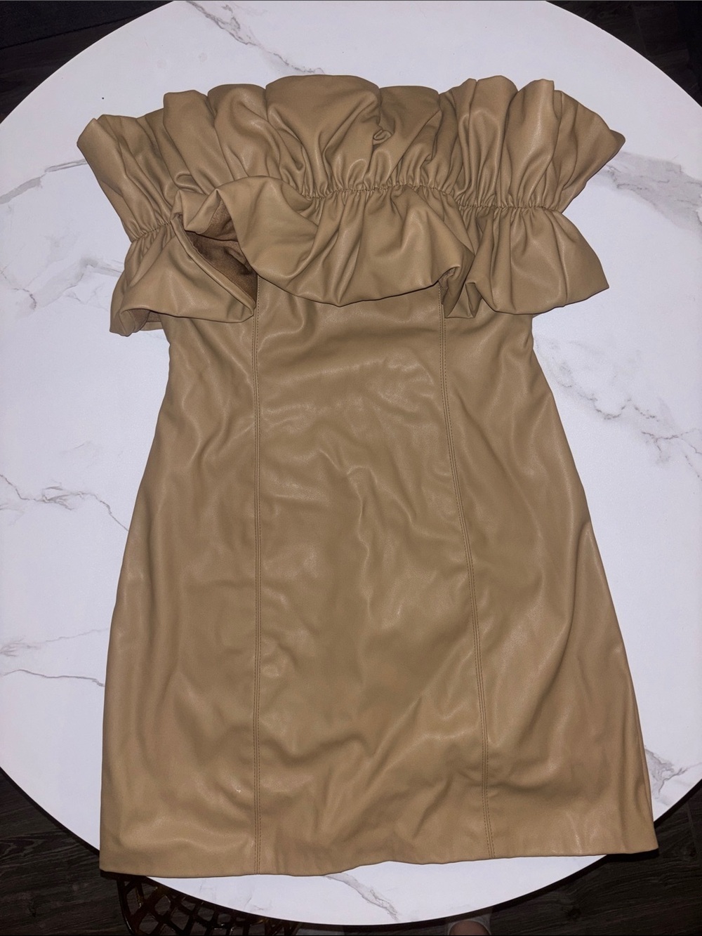 Strapless Ruffle Faux Leather Dress in Tan